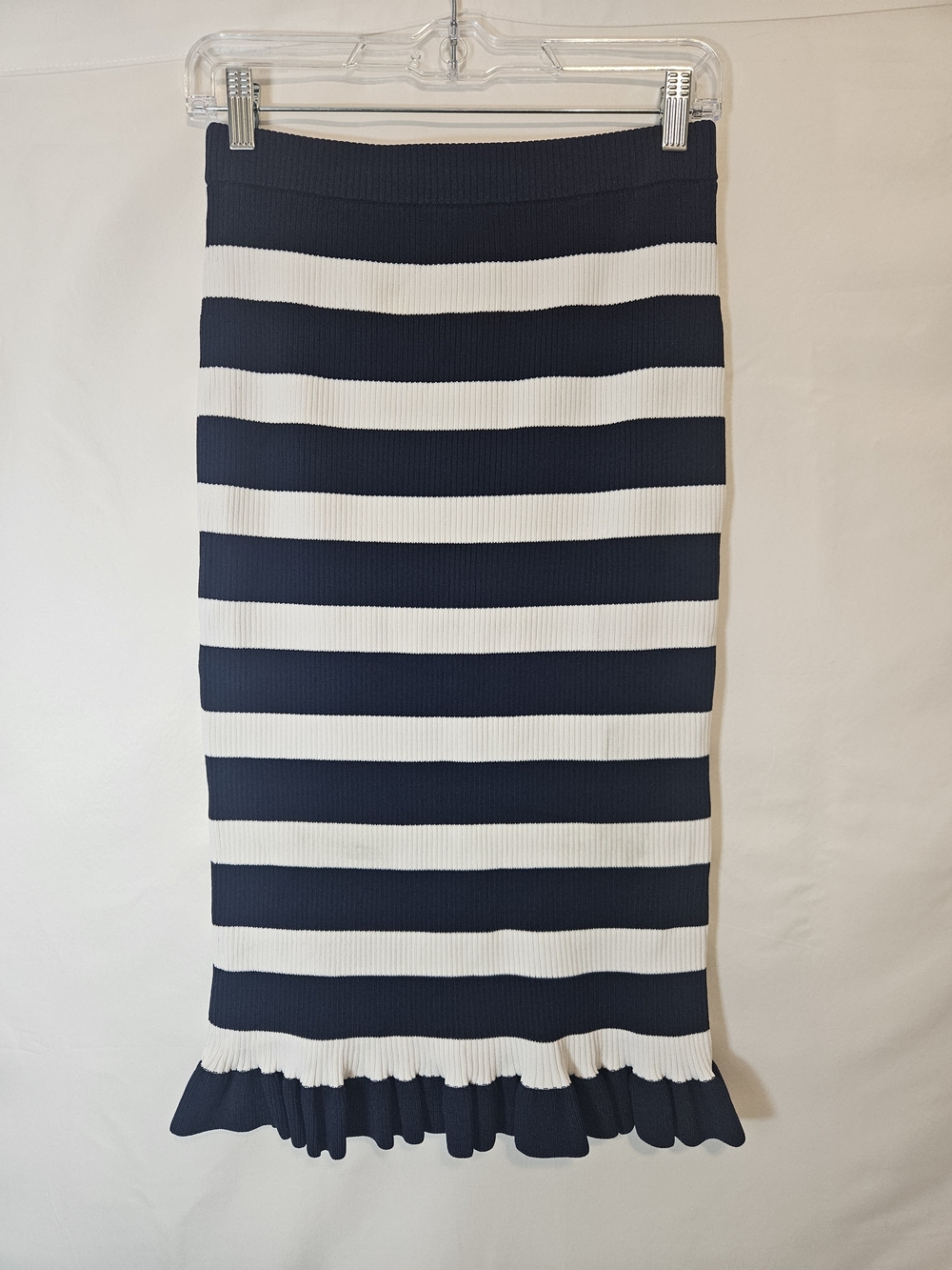 Michael Kors Navy and White Striped Midi Skirt with Ruffle Hem